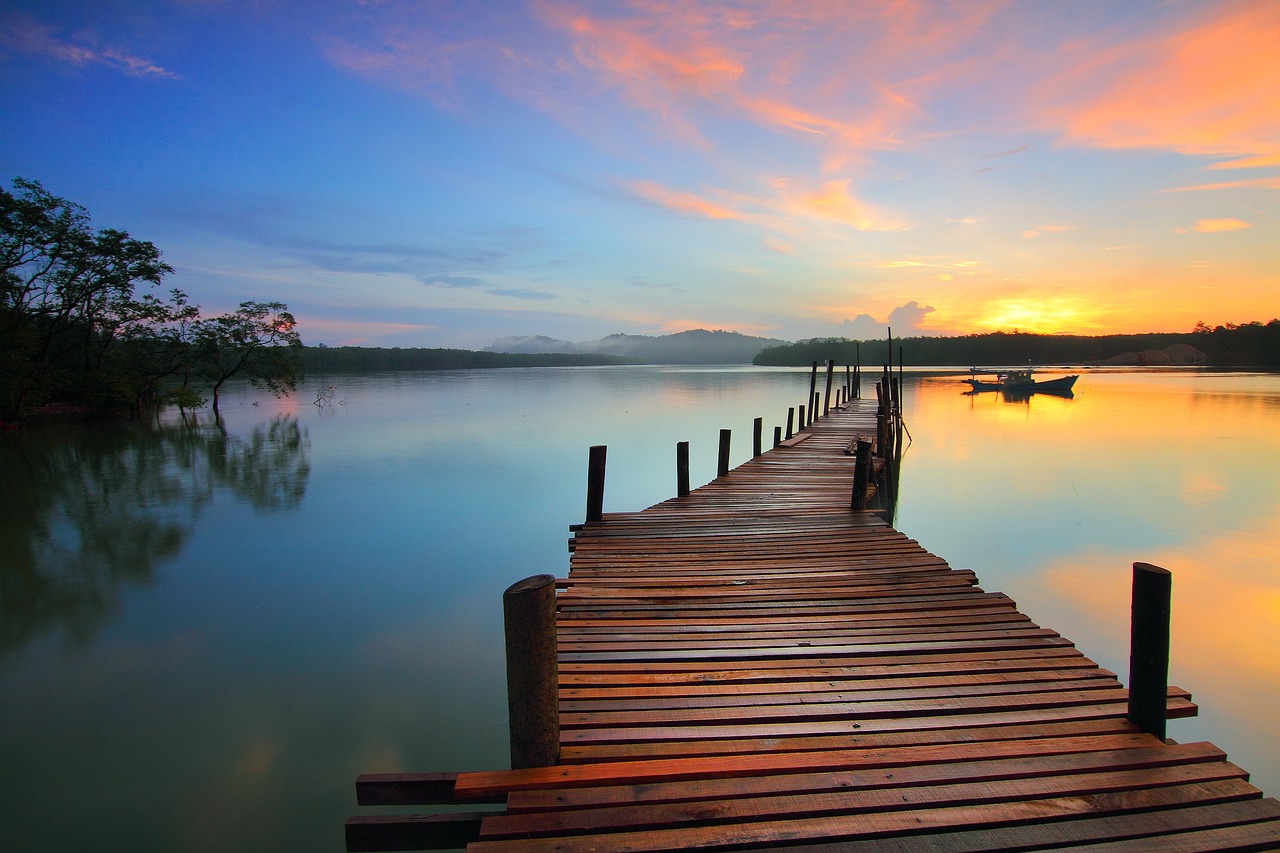 sunrise, jetty, lake