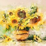 still life, sun flowers, vase