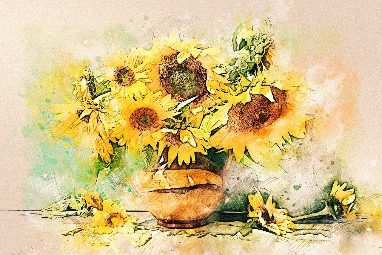 still life, sun flowers, vase