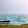 wooden bench, seat, sea