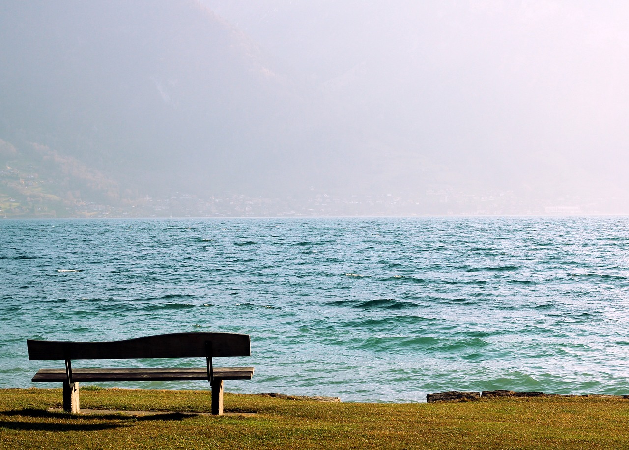 wooden bench, seat, sea