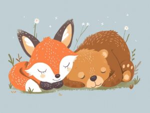 fox, bear, sleeping