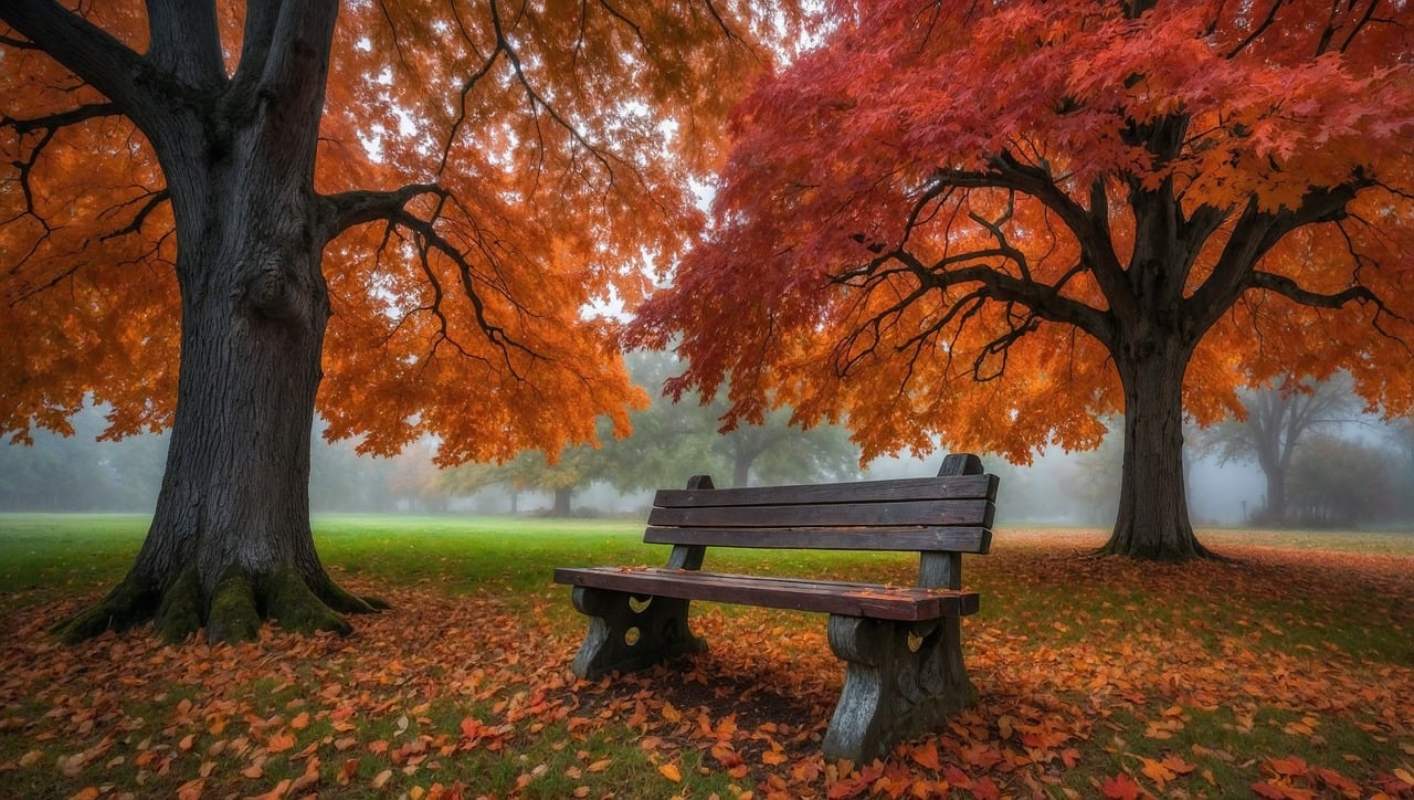 ai generated, park bench, autumn