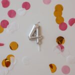 A silver number 4 balloon surrounded by pink, gold, and white confetti, capturing a festive celebration theme.