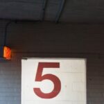 Entrance to a parking garage level with signage and door.