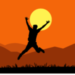 joy, excitement, silhouette, sunset, excited, jumping, celebration, freedom, nature, grass, orange tones, mountains, energy, positive emotion, man, happy, success