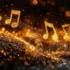 music, digital, wave, gold, glowing, particles, light, futuristic, technology, sound, creativity, notes, dynamic, energy, modern, artistic, design, harmony, melody, motion, vibrant, background, visual, rhythm, ai generated