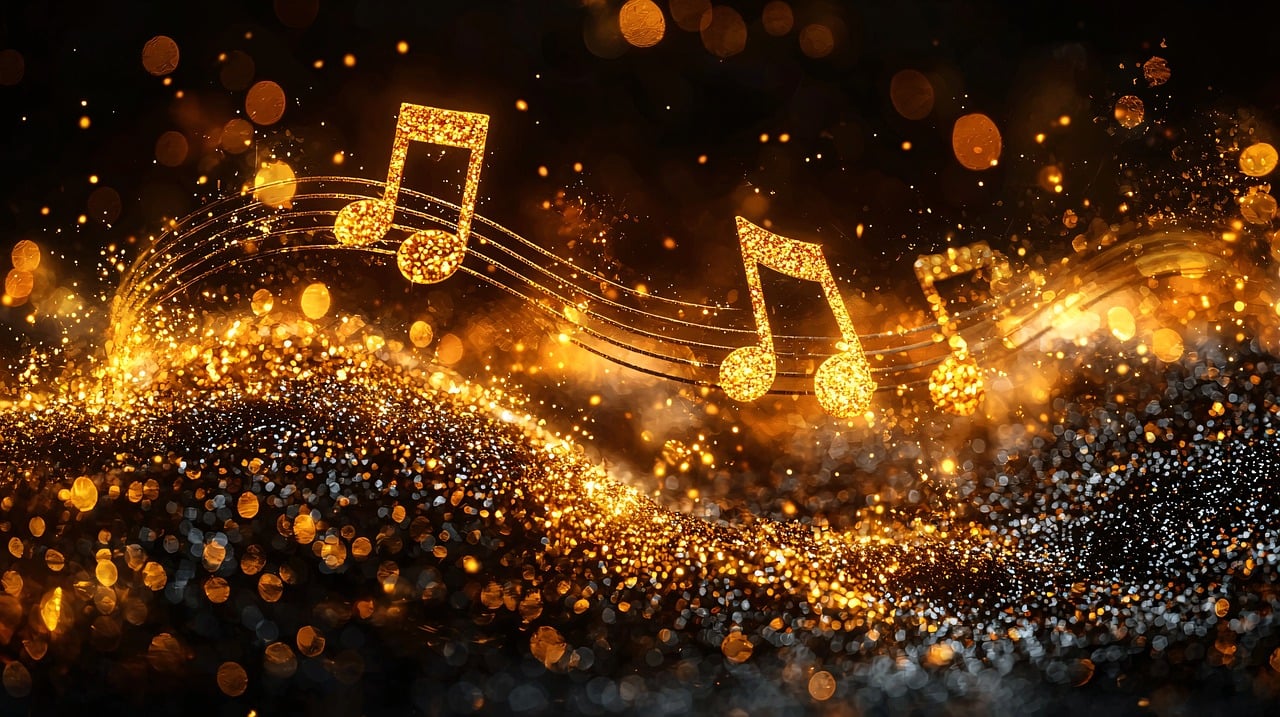 music, digital, wave, gold, glowing, particles, light, futuristic, technology, sound, creativity, notes, dynamic, energy, modern, artistic, design, harmony, melody, motion, vibrant, background, visual, rhythm, ai generated