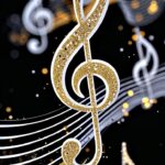 treble clef, music, note, clef, sound, melody, musical note, glittering, gold, ai generated