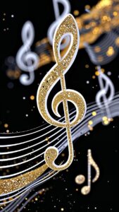 treble clef, music, note, clef, sound, melody, musical note, glittering, gold, ai generated